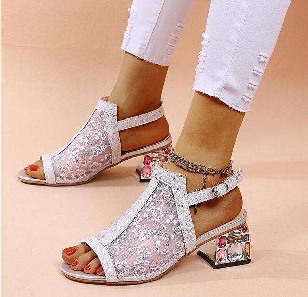 

sandals 2021 spring large size fashion rhinestone lace mesh yarn fish mouth mid-heel thick heel buckle women, Black
