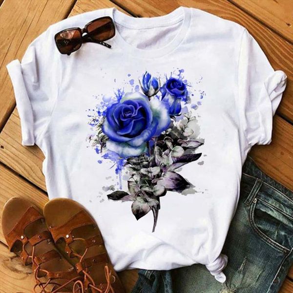 

maycaur men summer vogue mens t shirt blue rose print casual lady harajuku streetwear short sleeve o neck tees, White;black