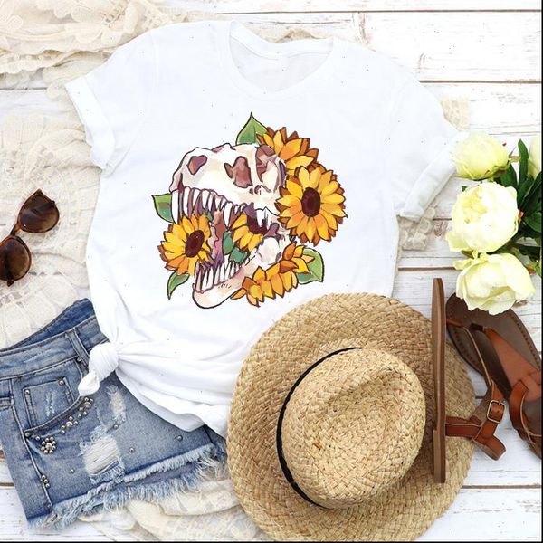 

women graphic skull sunflower cartoon cute fashion 90s lady tees print t shirt clothing female shirt womens t shirt, White