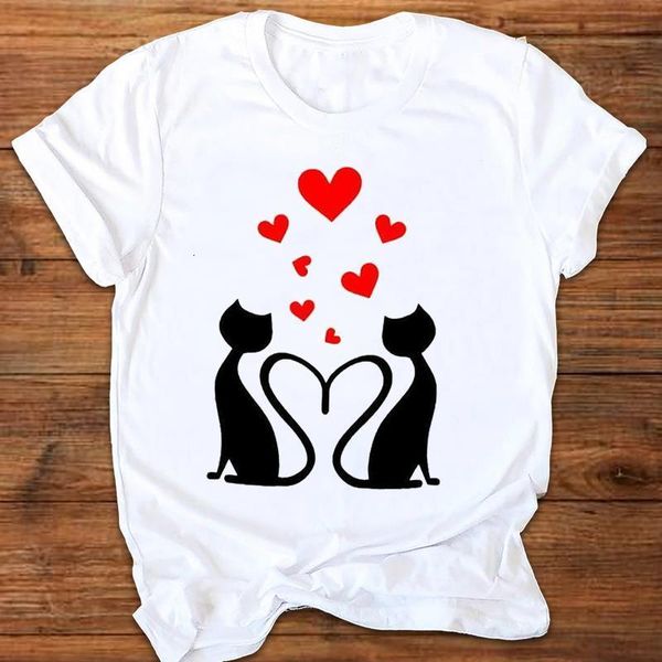 

women graphic cat sweet love geometric cute fashion 90s style cute print clothes lady tees female t shirt womens t-shirt, White