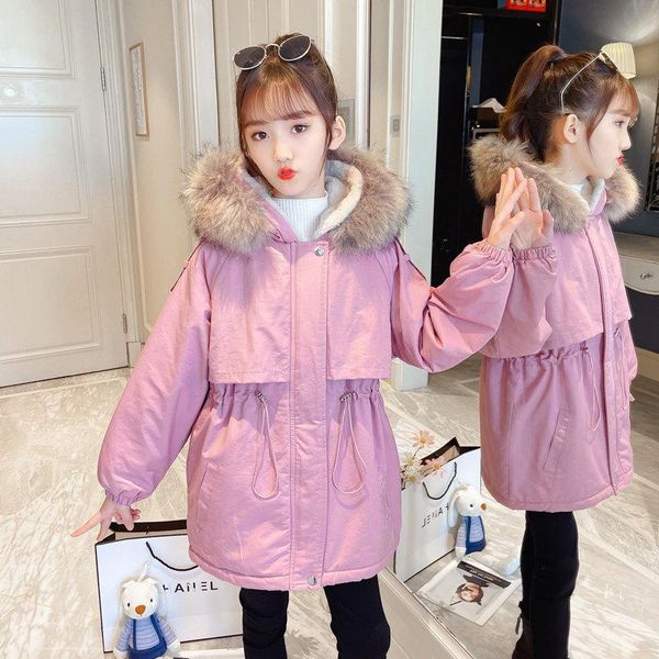 

down coat winter jacket for girls plus velvet warm long style kids parkas 5-14 years teenage girl fur collar coats snowsuit outerwear, Blue;gray