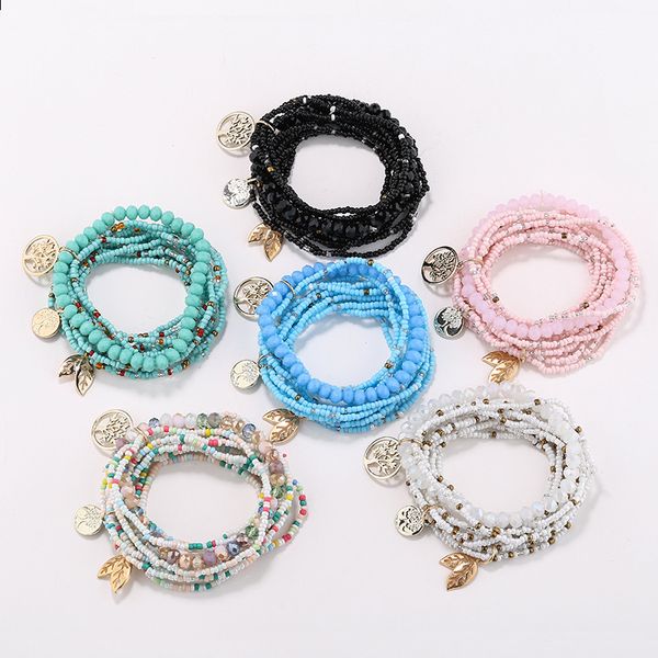 Pulseira Boho Tree Leave Multi Layered para mulheres Bohemian Crystal Seed Beads Bracelets African Jewelry Pulseras Mujer