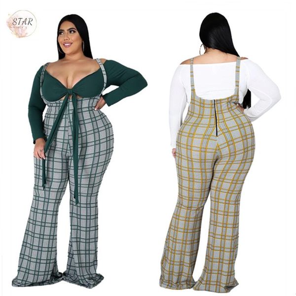 

2021 new plus size 2 piece outfirs women matching sets solid t shirts bodycon suspenders plaid flared pants wholesale dropshipping 8wb8, Gray