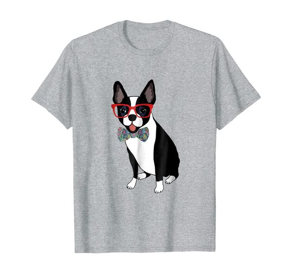 

boston terrier shirt funny dog in glasses paisley bow tie, White;black