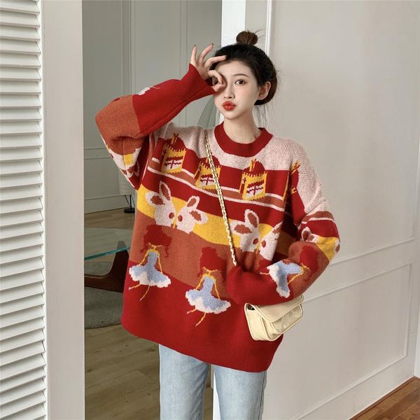 

women's sweaters make firm offers ~  japanese loose languid is lazy and lovely cartoon pattern round collar sweater coat on the female, White;black