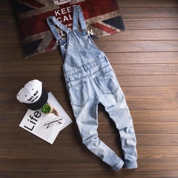 

men's jeans light blue slim snow washed denim bib overalls for tall big plus size hole ripped suspenders jumpsuits cargo torn jean