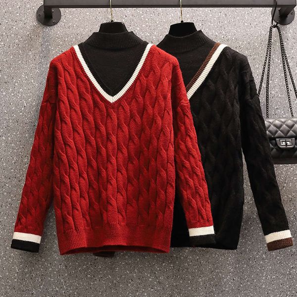 

fat autumn and winter new large women's slightly mm fake two piece twist sweater loose half high collar foreign style knitwear luxury, White;black