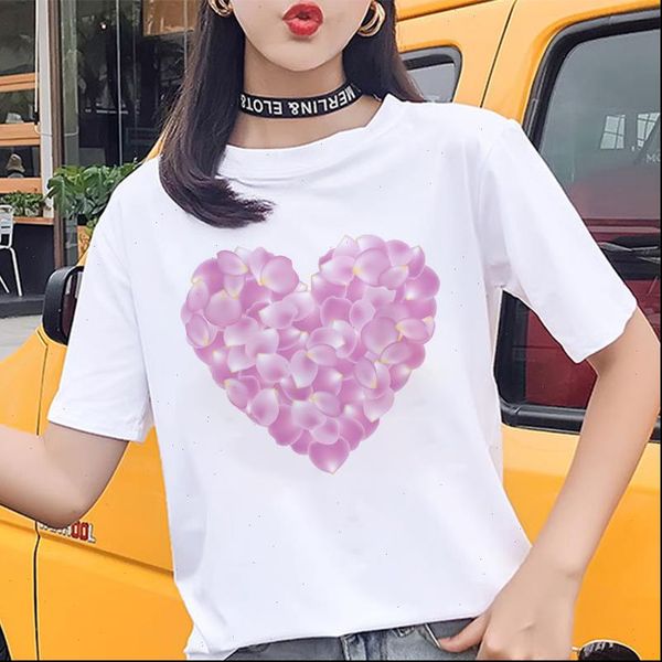 

fashion pink petal heart printing ladies t shirt summer casual short sleeved white t shirt harajuku streetwear women tshirt