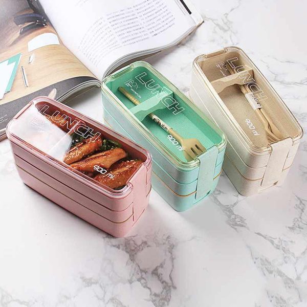 

dinnerware sets 900ml 3 layers bento box eco-friendly lunch wheat straw material microwave storage container for student
