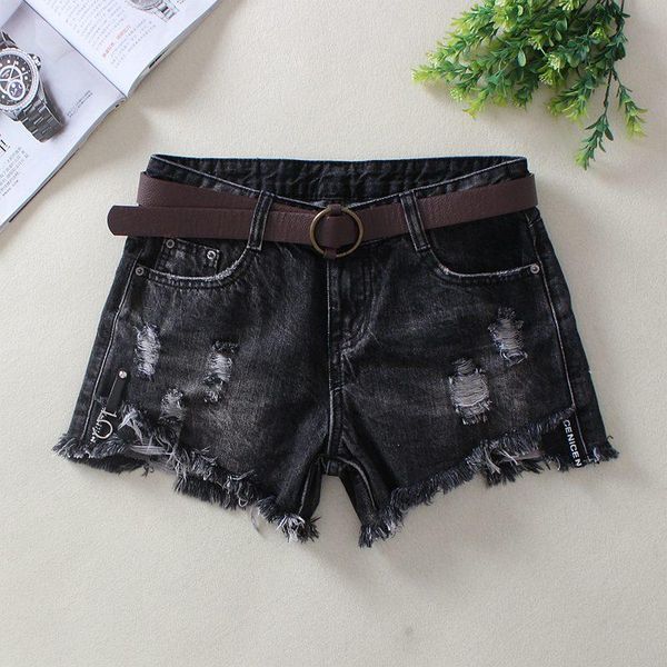 

women's shorts 2021 black denim autumn winter tassel mid waist hole england style 100% cotton straight 9503, White;black