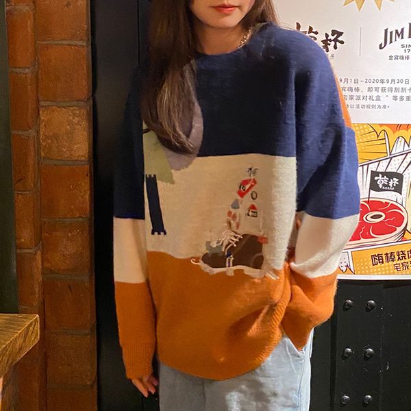 

2021 new colors korean style loose knitted warm cartoon house embroidery women sweaters and pullovers (461 stro, White;black