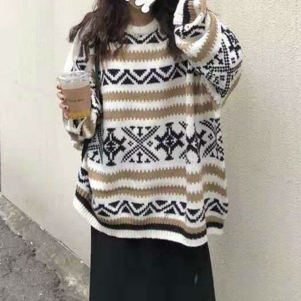 

2021 new deeptown do vintage roupas de inverno feminino geometria coreana impresso pullove manga longa crewneck s solto camisola branca, White;black