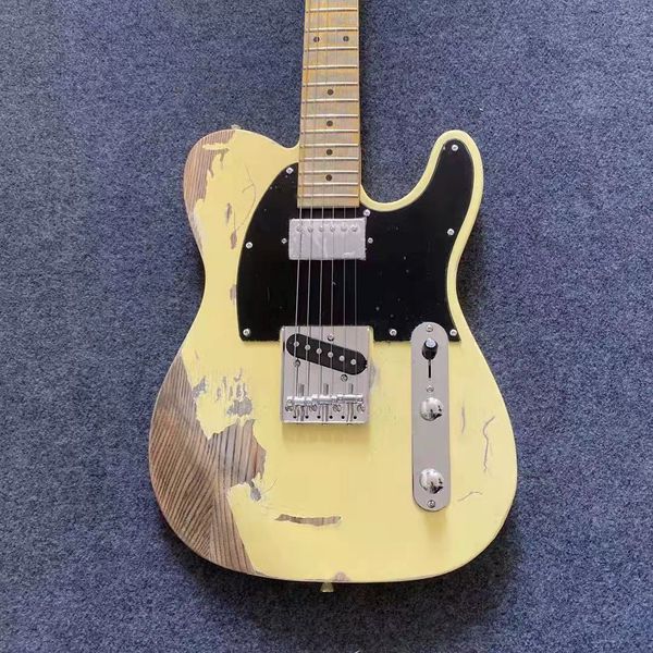 

aged electric guitar yellow color sliver hardware ash body maple fingerboard handmade