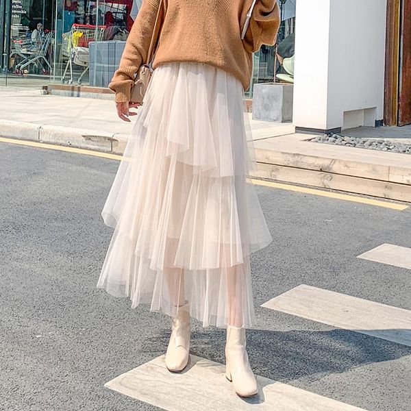 

skirts women long skirt spring mesh black apricot 8916