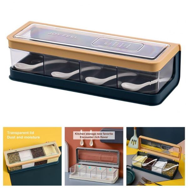 

storage bottles & jars 1 set 4 grids seasoning container with spoon pp box lid transparent tank spice jar kitchen tools