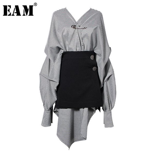 

[eam] women black plaid irregular stitch big size dress new v-neck long sleeve loose fit fashion tide spring autumn jg892 210303, Black;gray