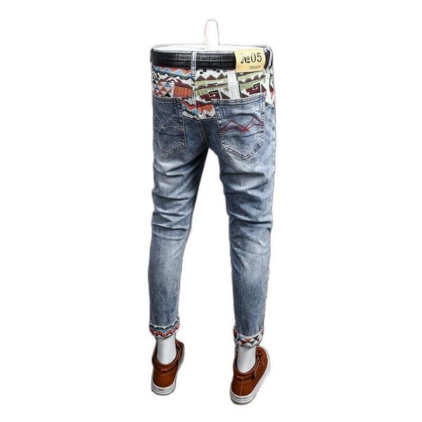 

men's jeans autumn 2021 embroidery brand printing stitching holes korean slim fit harajuku patchwork hip hop vintage cowboy, Blue