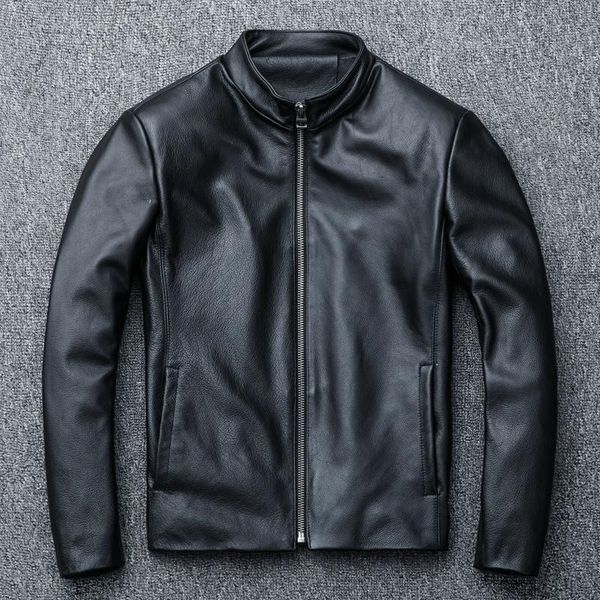 

men's leather & faux genuine cowhide motorcycle jacket antumn winter stand collar zipper leisure simple vintage biker coats, Black