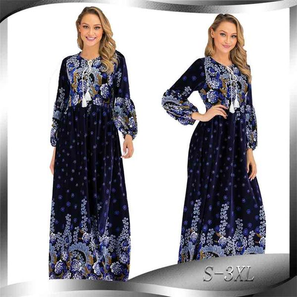 

autumn and winter new golden velvet printed long skirt arab sleeve loose large dress 6245, Black;gray