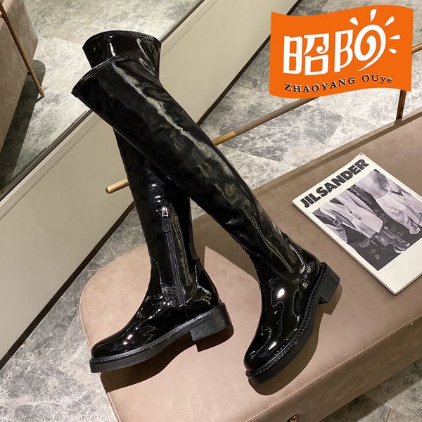 

2022 spring and summer new over knee martin boots leather women's shoes bright face flat bottom plus high elastic knight boots, Black