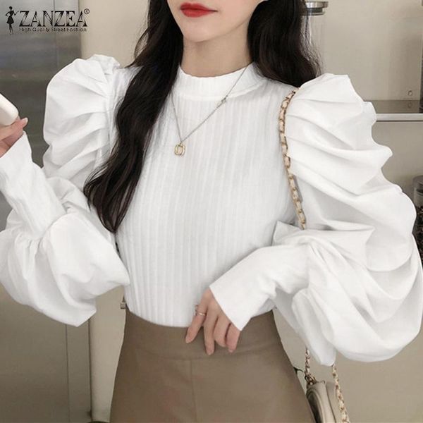 

women's blouses & shirts 2021 women fashion blouse spring autumn office lady stylish puff sleeve zanzea casual solid o-neck oversized b, White