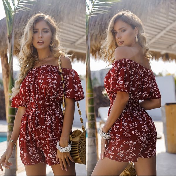 

women's real sone-line collar short sleeve women's one-piece pants printed tether waist closed one-piece pants women's, White