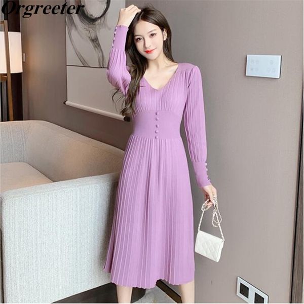 

elegant sweater dress for women v-neck lantern sleeve ribbing knitted a-line pleated dresses 210602, Black;gray
