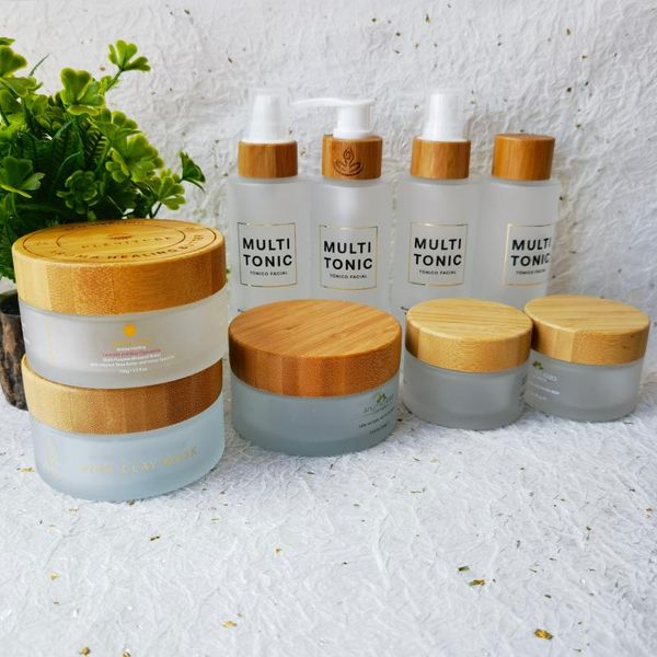 

storage bottles & jars skincare frosted glass lotion bottle empty cream jar bamboo cap body butters women makeup refillable packaging