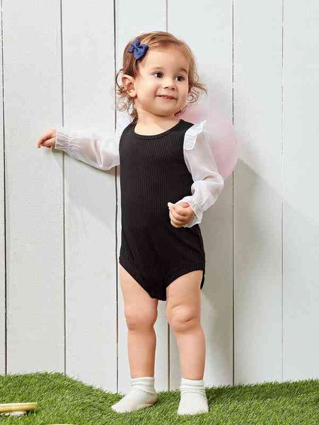 

baby contrast mesh ruffle trim flounce sleeve bodysuit she, Blue