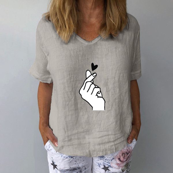 

linen at loose t-shirt 2021 summer women fashion casual love heart printed tunic short mouw new v-neck camiseta, White