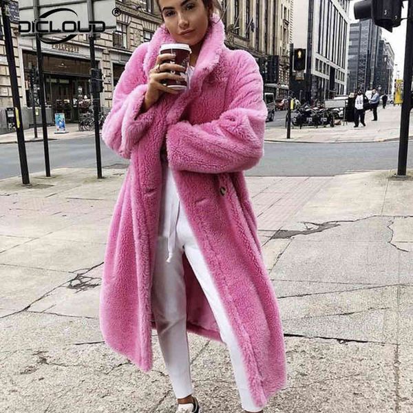 

women's fur & faux pink long teddy bear jacket coat winter thick warm oversized chunky outerwear overcoat lambswool coats 43rh, Black