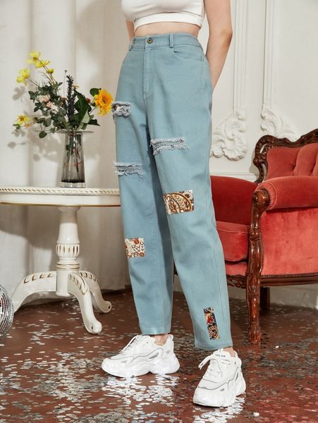 

x holichic paisley print ripped pants 10tn#, Black;white