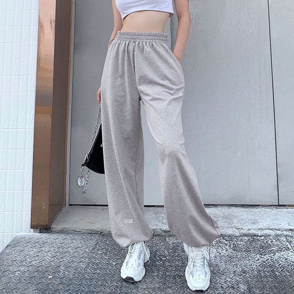 

casual loose baggy sweatpants women gray letter print high waist pants capris drawstring long trousers pocket summer, Black;white
