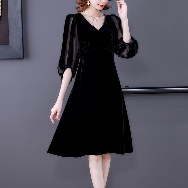 

casual dresses women dress autumn 2022 office lady korea style long sleeve patchwork silk solid high waist v-neck black, Black;gray