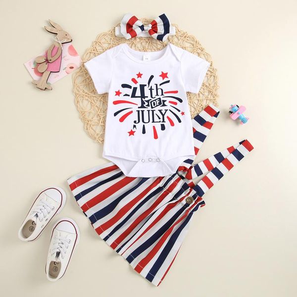 

clothing sets born baby girls 4th-of-july letter romper+suspender stripe skirts outfit set, White