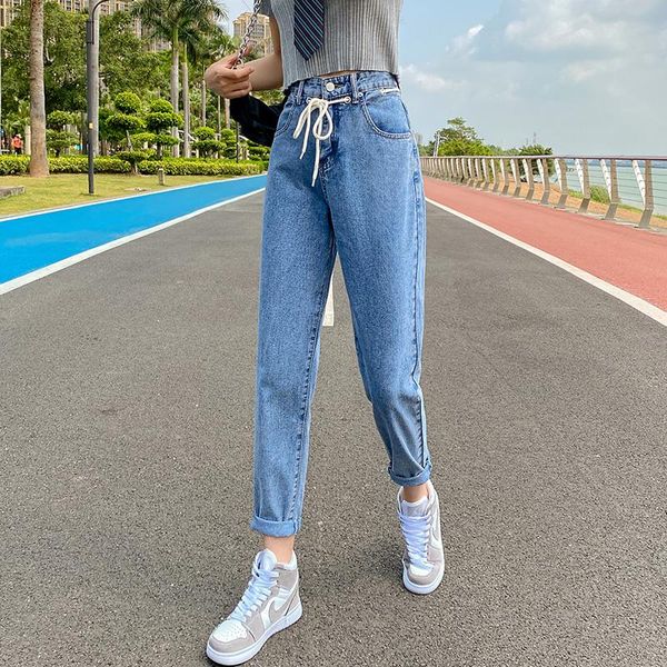 

women's jeans woman harem denim trousers boyfriend femme pants women high waist vintage 2021 casual fashion, Blue