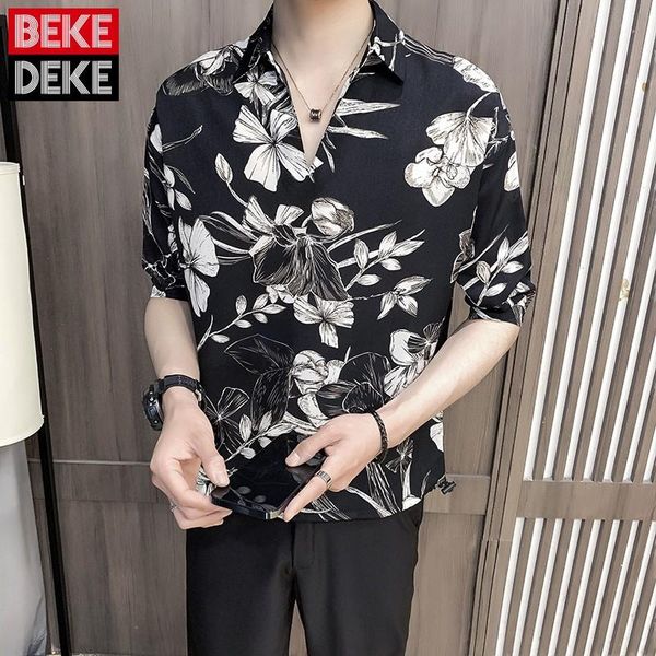 

men's casual shirts mens shirt summers pullover turn-down collar loose vintage print korean style fashion male blouse high street, White;black