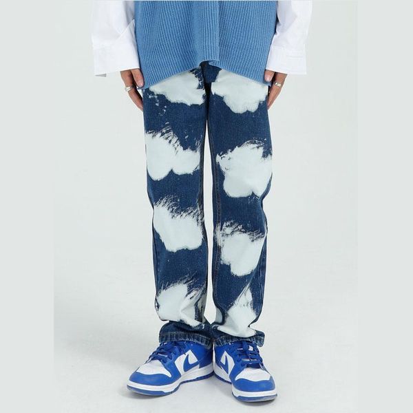 

new male streetwear fashion hip hop retro denim trousers men tie dye vintage loose casual straight jeans pants, Blue