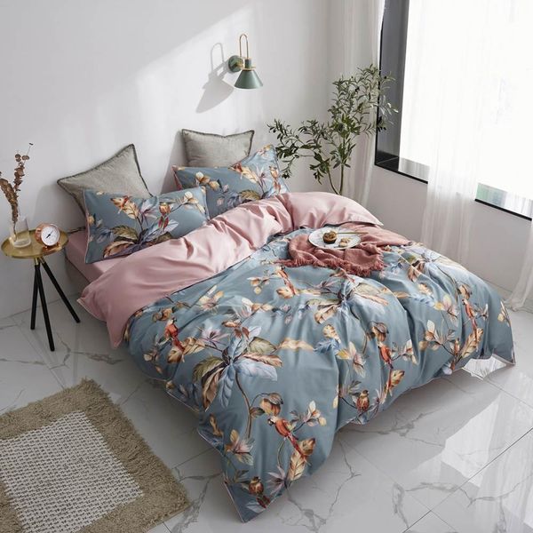 Svetanya pássaros deixa flores bedlinens Silkly Egípcio de algodão de algodão conjunto Queen King Size Size Capa de edredão Set 210309