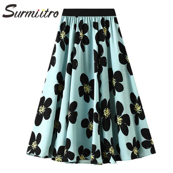 

surmiitro summer midi long skirt women korean style blue floral print high waist mid-length a line skirt female 210712, Black