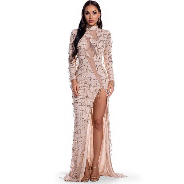 

luxury evening party dresses long sleeve perspective sequin women's wear, Black