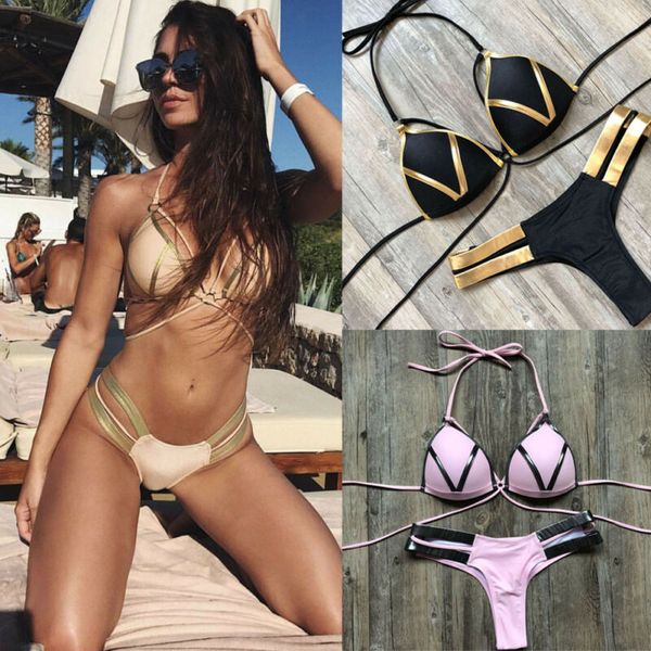 

women lace up spliced hollow out bikini set beach swimsuit padded push-up bathing sunbathing suit two-piece suits, Black