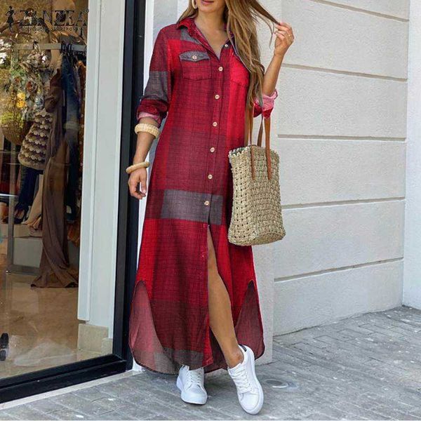 Autunno Elegante Donna Maxi Abiti Camicia 2021 ZANZEA Vintage Ladies Manica Lunga Abiti Casual Plaid Robe Longue Plus Size 5XL Y0603