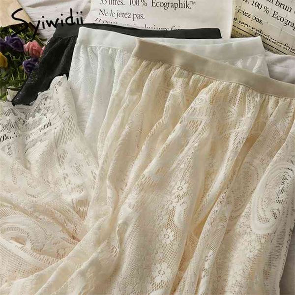 

lace skirt for women high waist ankle-length black casual elastic a-line spring summer korean fashion skirts 210607