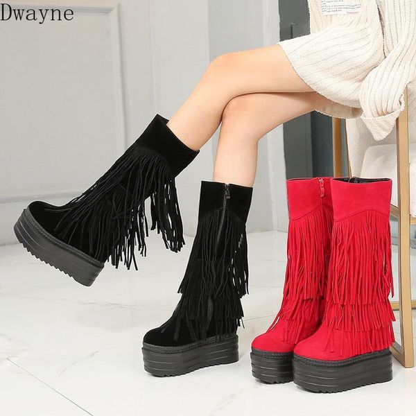 

nightclub stovepipe fringed women's boots 2021 winter 13cm thick-sole increase within middle tube wedges1, Black