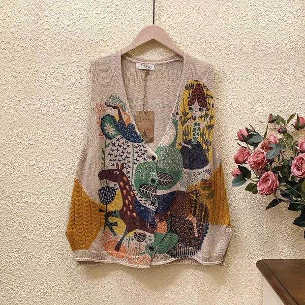 

sweater women's wild literature and art 2021 spring and autumn new loose printed cardigan retro knitted vest, White
