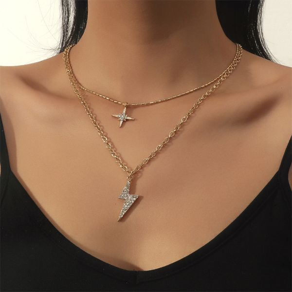 

double layer diamond inlaid lightning pendant necklace creative multi-layer neutral couple clavicle chain irregular necklace, Silver
