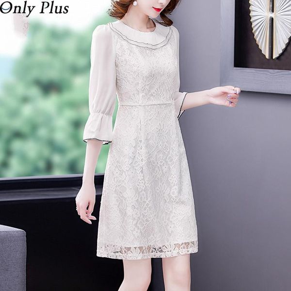 

casual dresses only plus white elegant ladies lace dress o-neck female spring autumn 2021 slim office lady temperament mid-length skirt, Black;gray