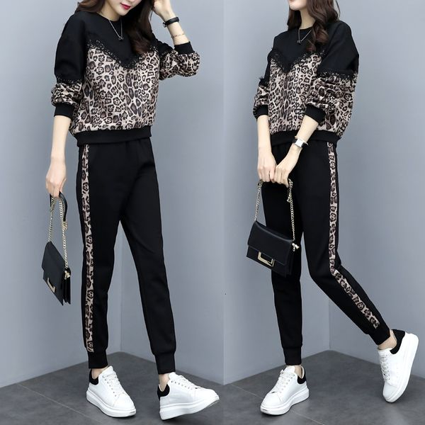 

large plus size female sports suit leopard sweatshirt training + pants of two pieces and trousers sportwear matching set p4uv, White