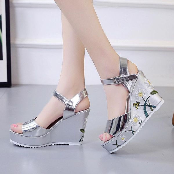 

dress shoes sandals women summer wedge heeled high-heeled thick bottom fish mouth fashion wild word buckle, Black